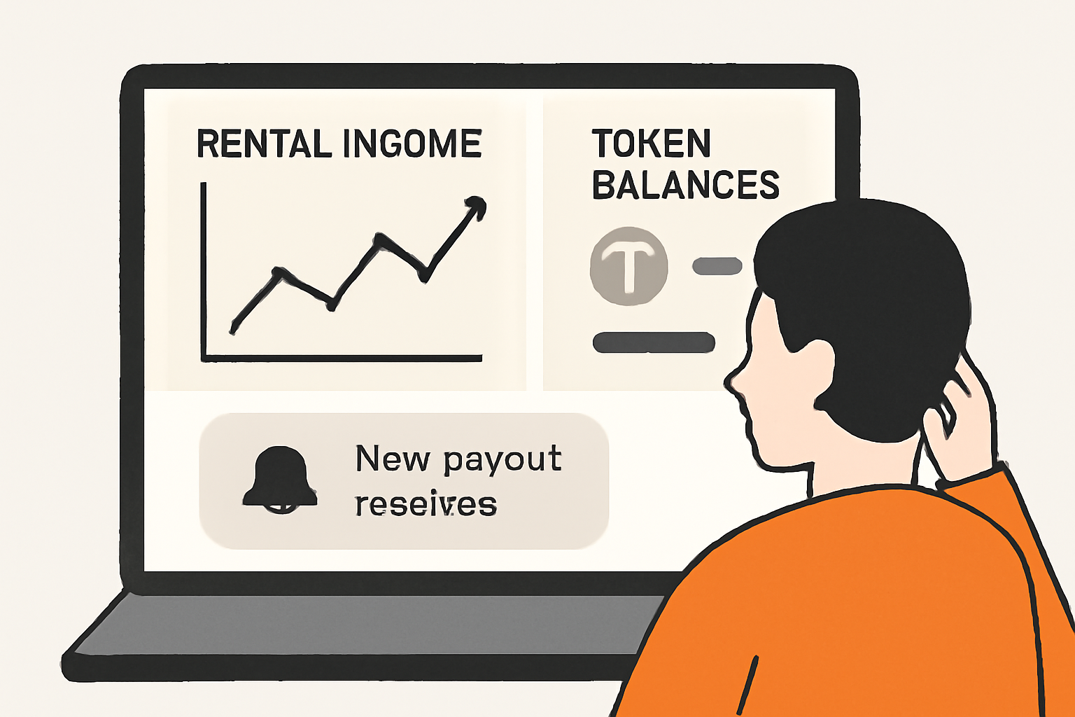 A user viewing a dashboard with rental income graphs, token balances, and a notification of a new payout received.