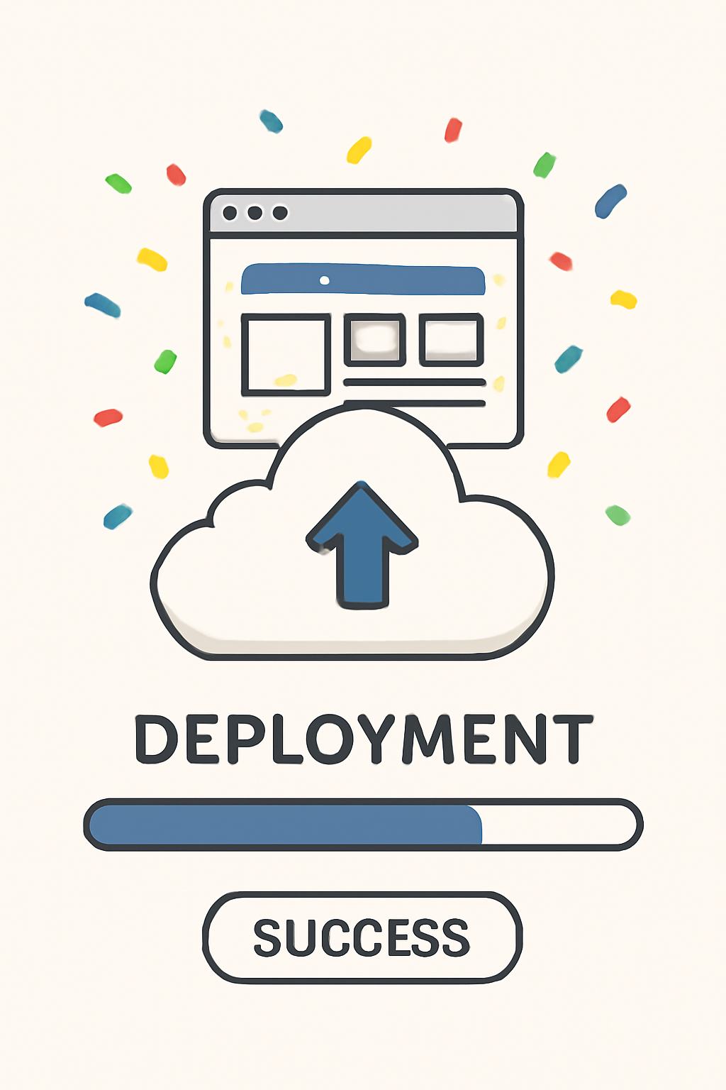 A progress bar showing deployment, with a web app being launched to the cloud, confetti and success message, modern style