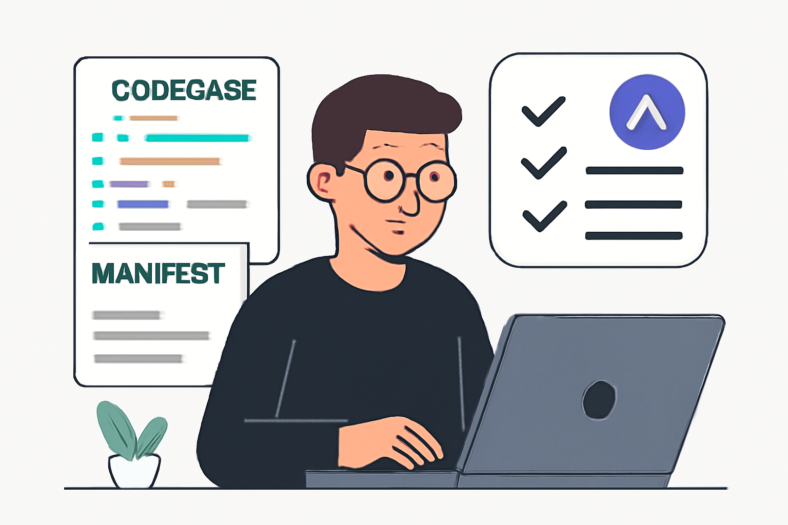 A developer reviewing a codebase and manifest file on a laptop, with a checklist and Farcaster logo in the background, modern workspace, clean UI