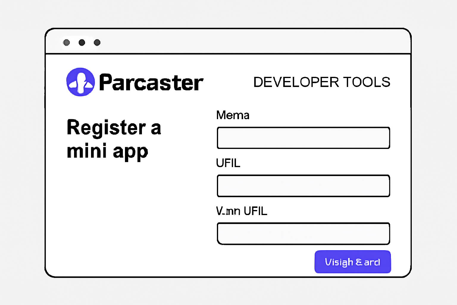A browser window open to Farcaster Developer Tools, with a form to register a mini app, Farcaster branding visible
