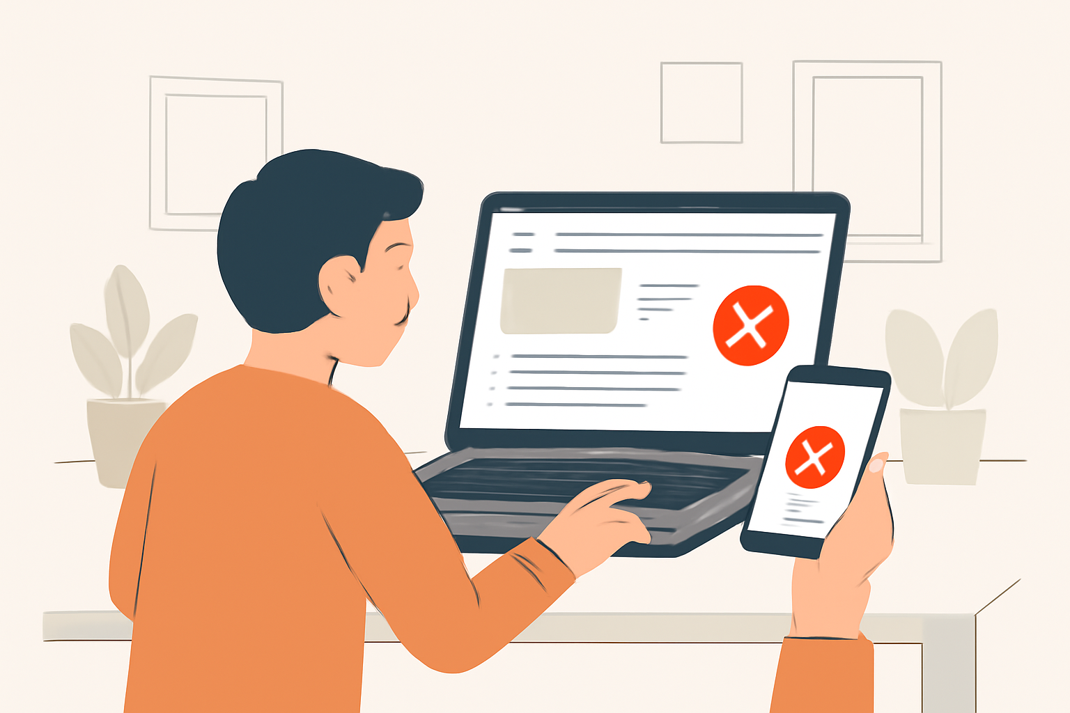 A person testing a web app on a laptop and mobile device, checking for errors and verifying UI, modern workspace