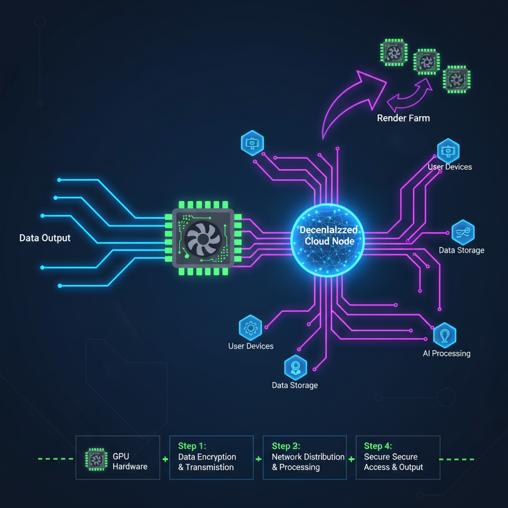 GPU hardware linking to decentralized cloud network diagram, neon wires connecting