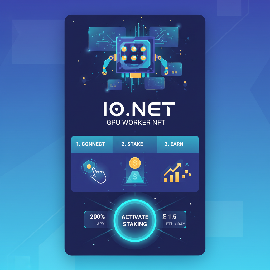 futuristic NFT card of io.net GPU worker and staking interface, glowing holograms