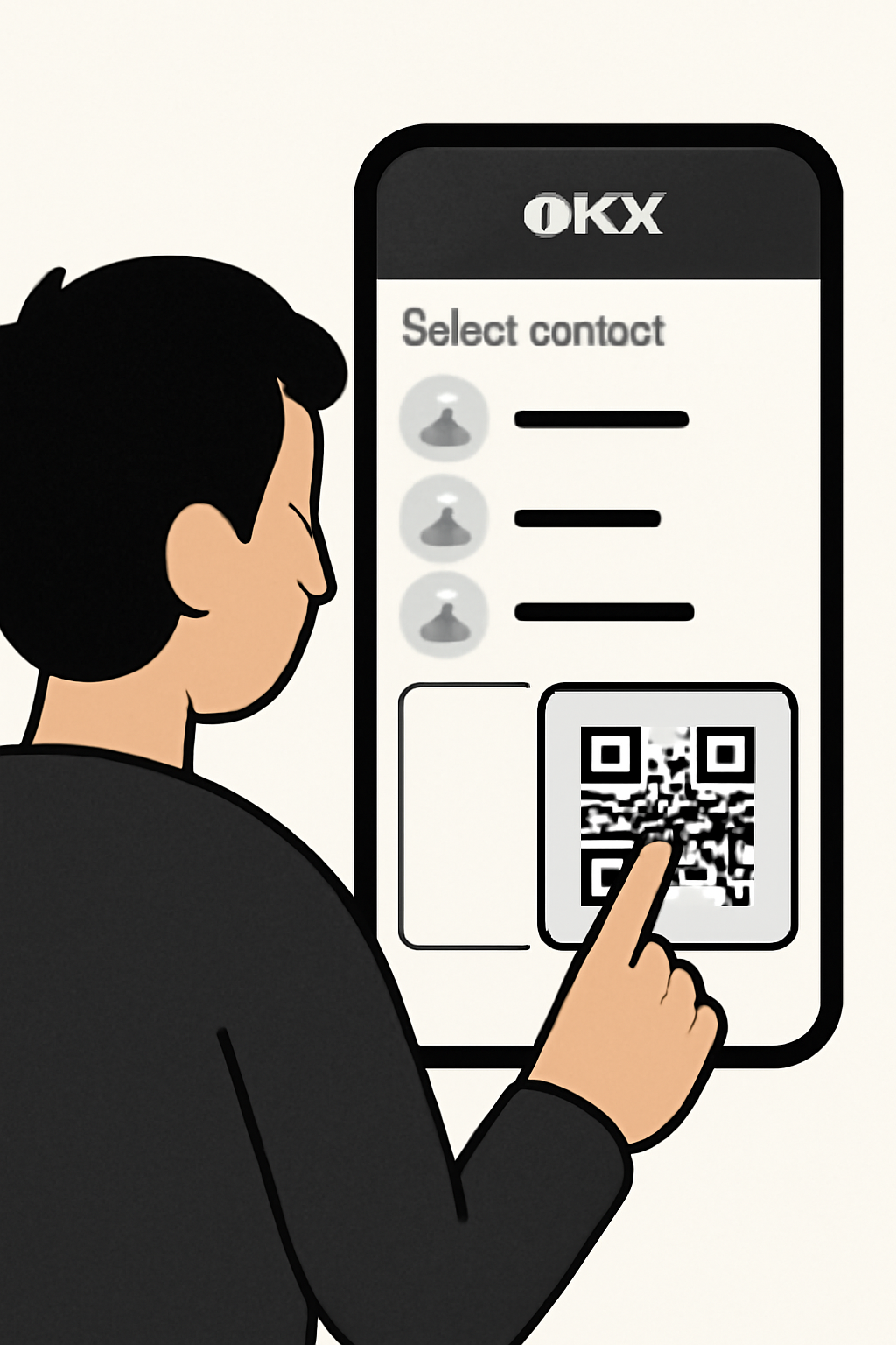 A user selecting a contact or scanning a QR code within the OKX app, focus on the contact list and QR code scanner.
