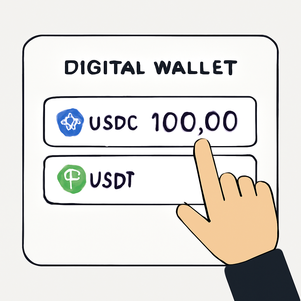 A digital wallet screen with input fields for USDC and USDT amounts, user entering a value, sleek crypto UI design.