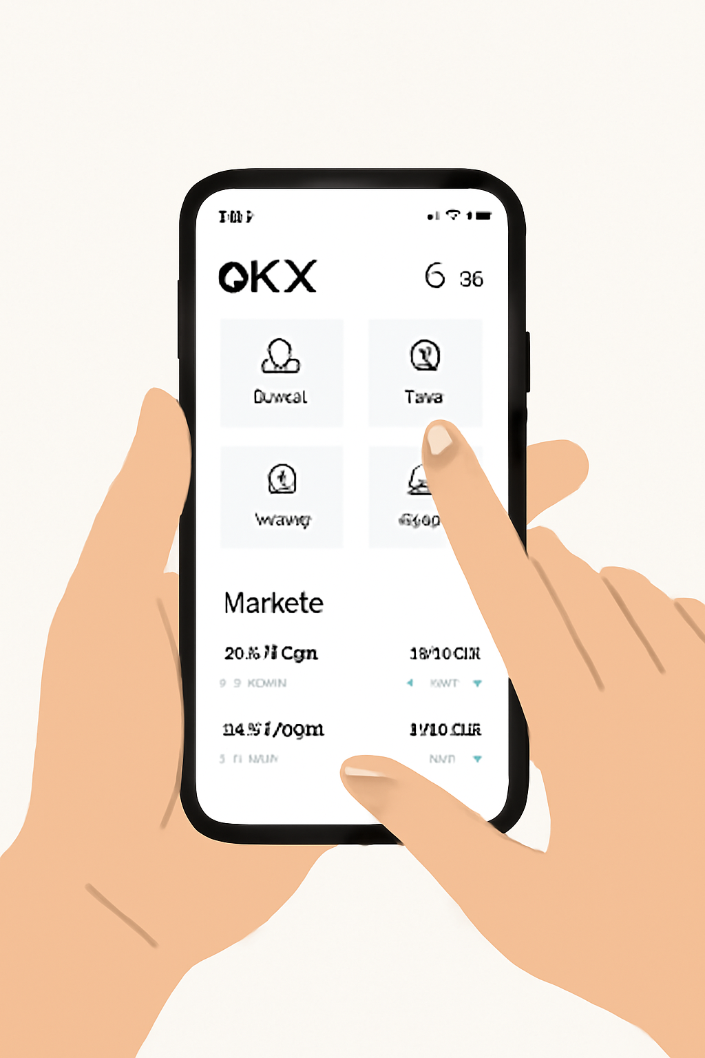 A smartphone displaying the OKX app home screen with the 'Pay' mode highlighted, clean and modern interface, hands holding the phone.
