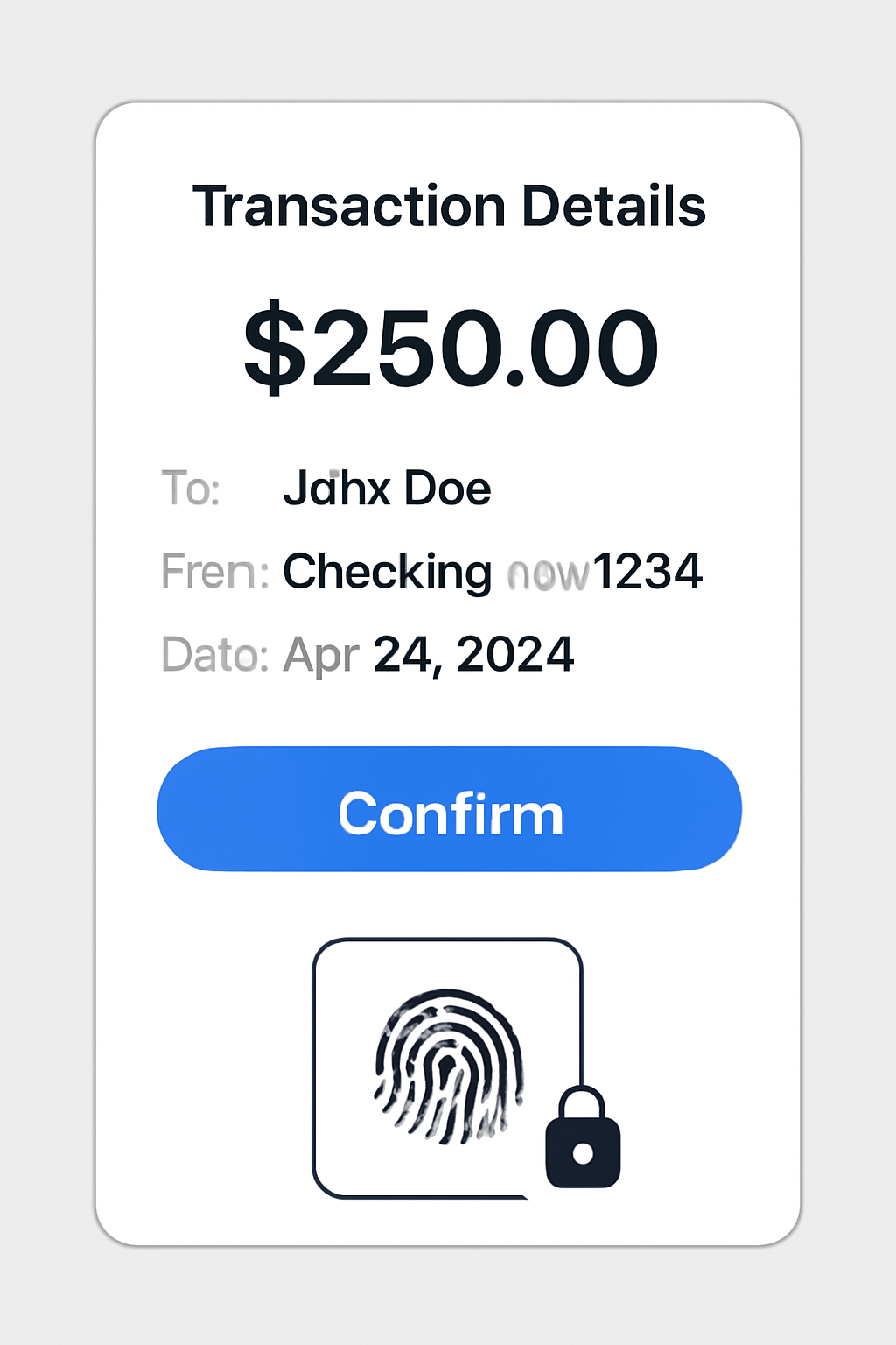 A confirmation screen showing transaction details, with a 'Confirm' button and biometric/passkey prompt, modern and secure look.