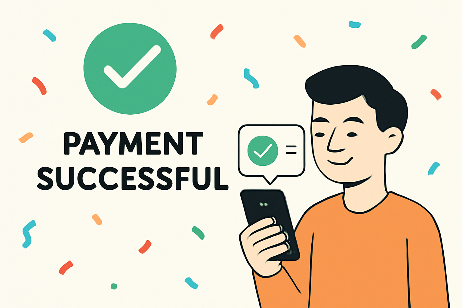 A celebratory screen showing 'Payment Successful', confetti or checkmark, recipient receiving a notification on their phone.