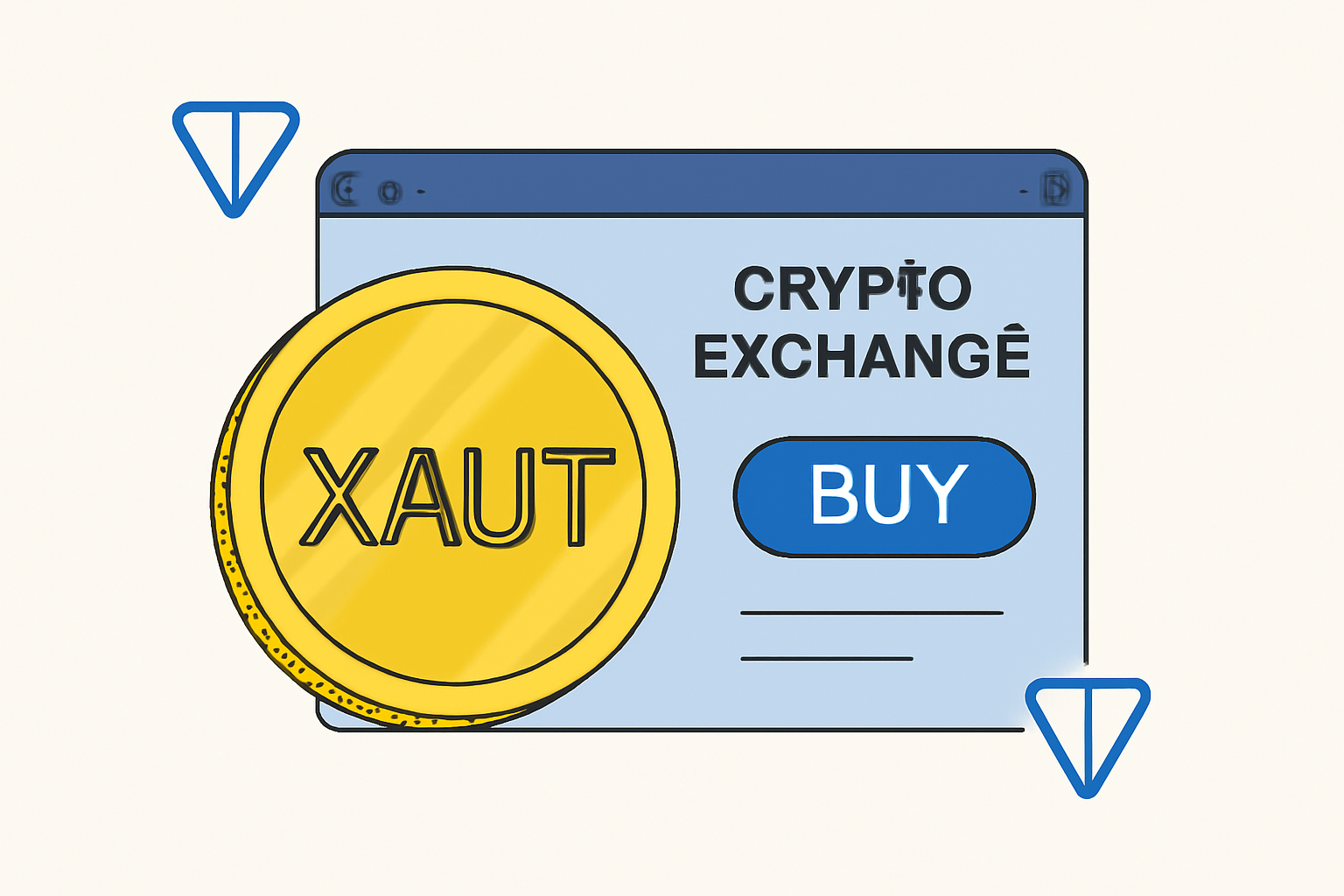 A digital gold coin labeled XAUT being purchased on a crypto exchange interface, with TON blockchain symbols.