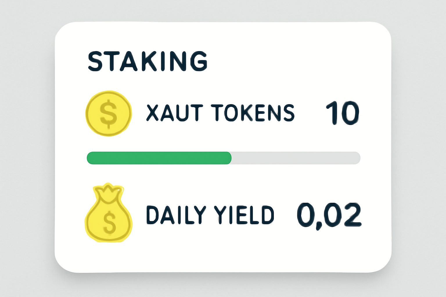 A digital dashboard showing XAUT tokens being staked and daily yield accumulating, with a progress bar and gold icons.