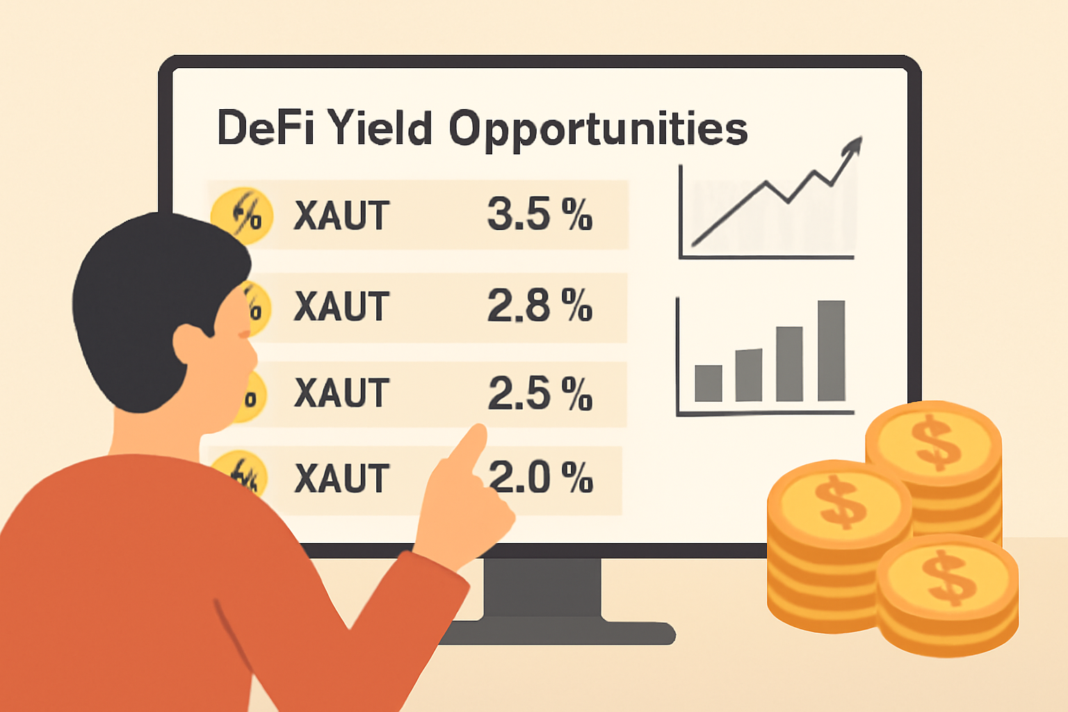A user browsing DeFi yield opportunities for XAUT on a computer screen, with charts and gold tokens visible.