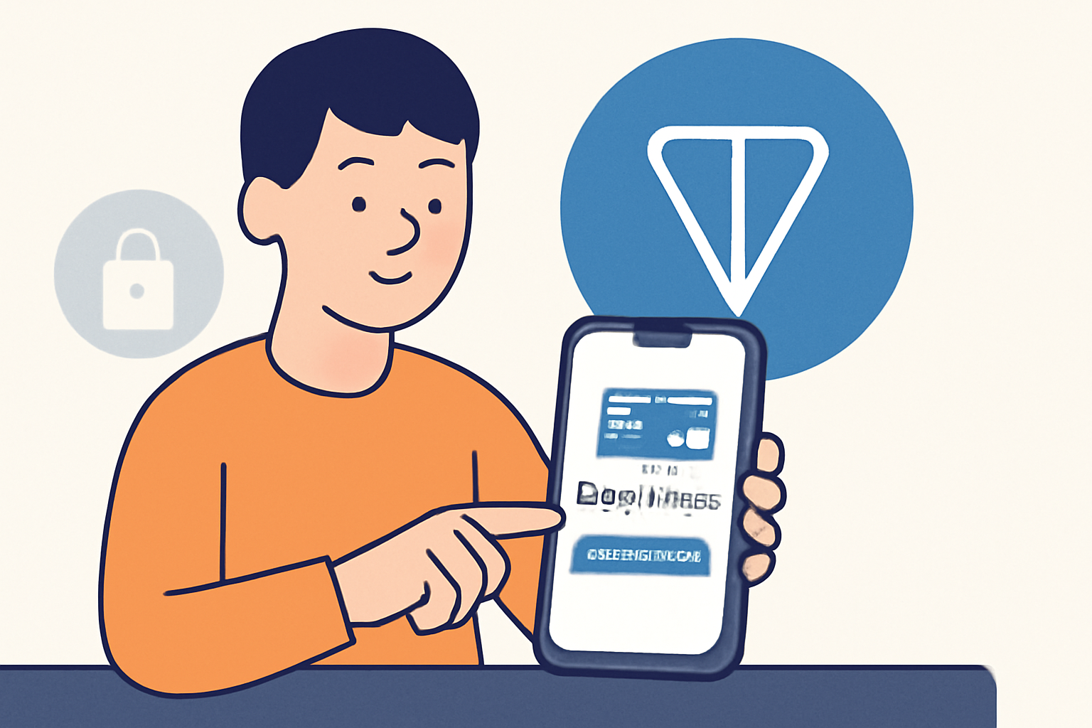 A person setting up a digital wallet on their phone with the TON blockchain logo in the background, secure and modern interface.