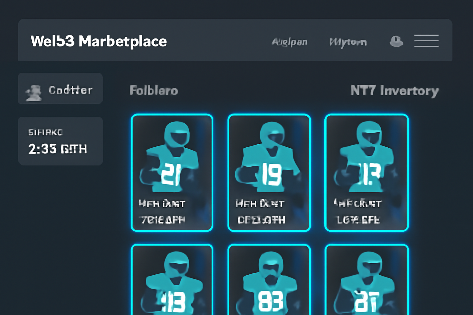 sleek web3 marketplace dashboard showing glowing NFL player NFT inventory cards