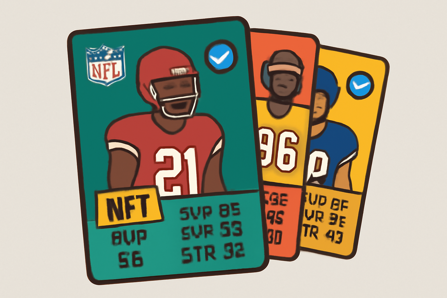 close-up of verified NFL player NFT cards with authenticity badges and stats overlay