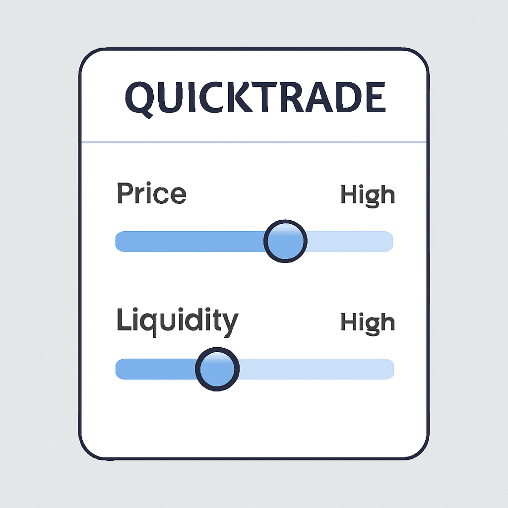 QuickTrade settings panel with sliders for price and liquidity options