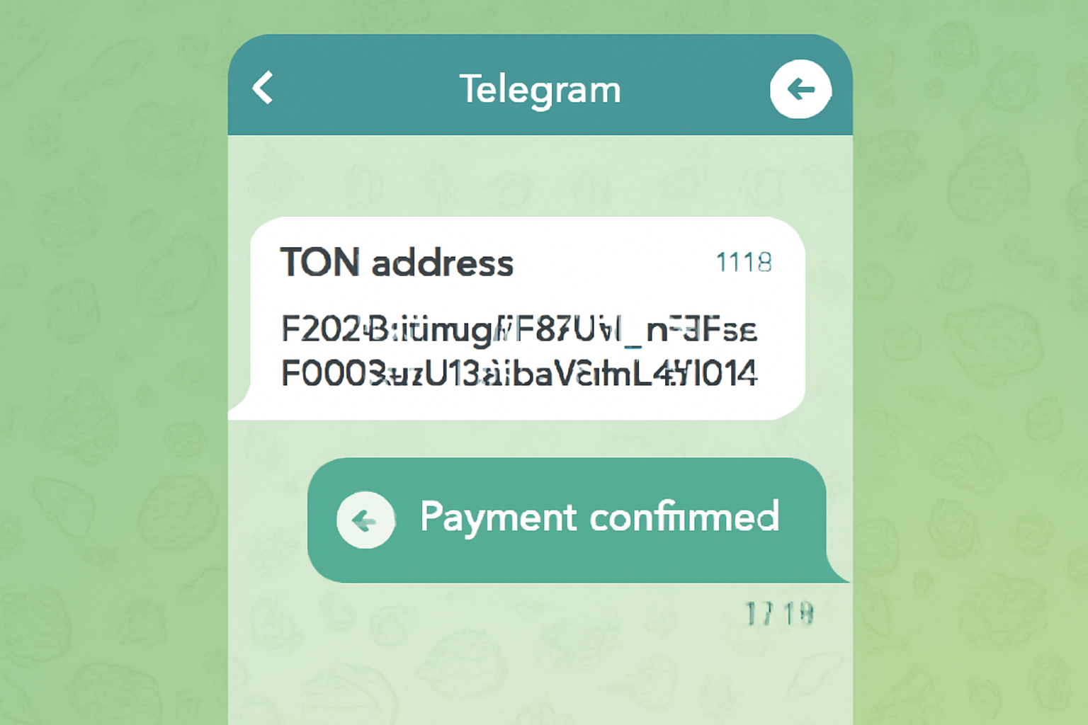 Telegram chat with bot displaying a TON address, followed by a confirmation message after payment