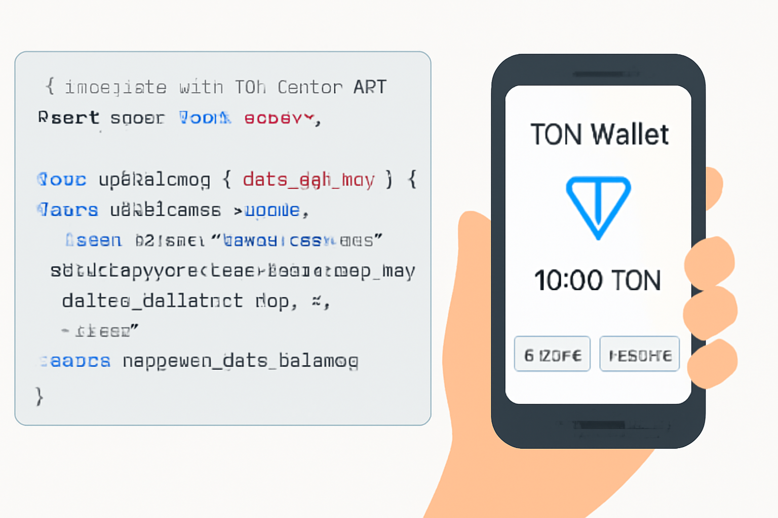 Code snippet showing integration with TON Center API and a TON wallet app open on a smartphone