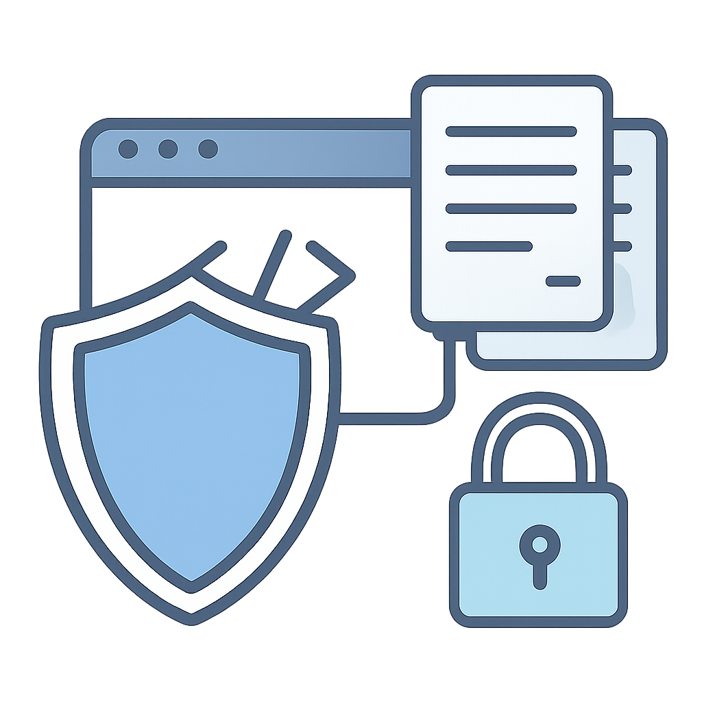 A shield icon over a code window, with compliance documents and a lock symbol