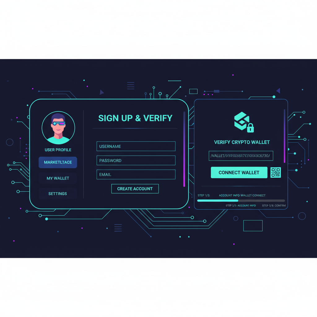 cyberpunk user signing up verifying crypto wallet on neon GPU marketplace dashboard