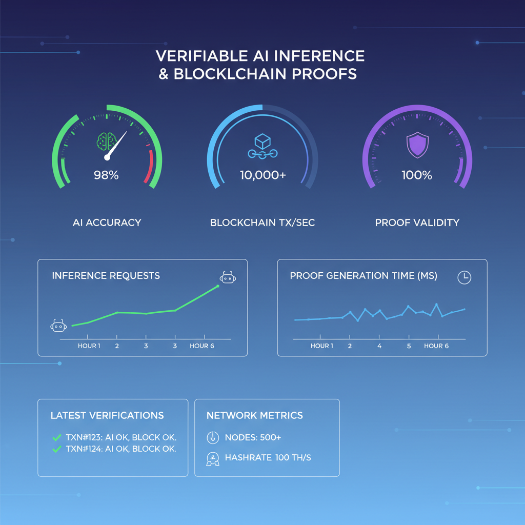 futuristic dashboard charts verifiable AI inference blockchain proofs metrics