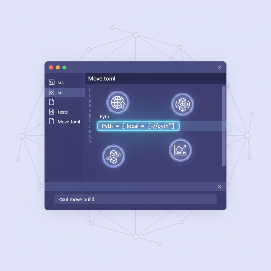 Sui Move.toml file in code editor with Pyth dependency highlighted, glowing blockchain oracle icons, futuristic UI