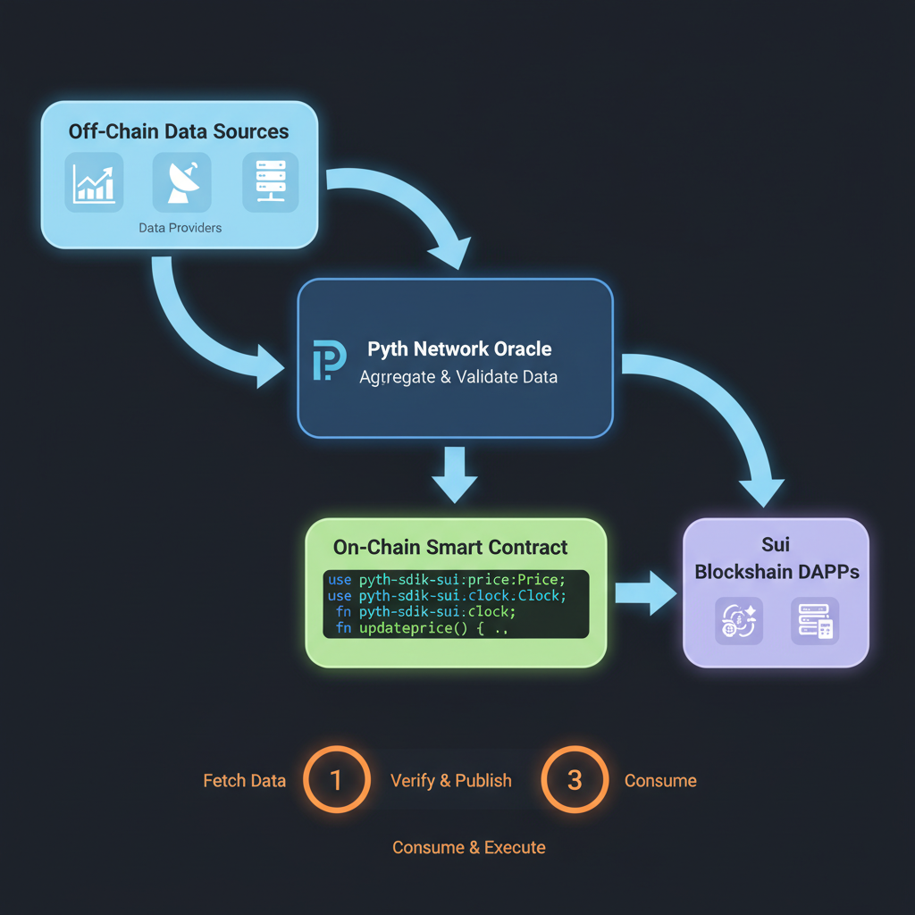 Sui Move code imports for Pyth Price and Clock, neon syntax highlighting, oracle data flow diagram
