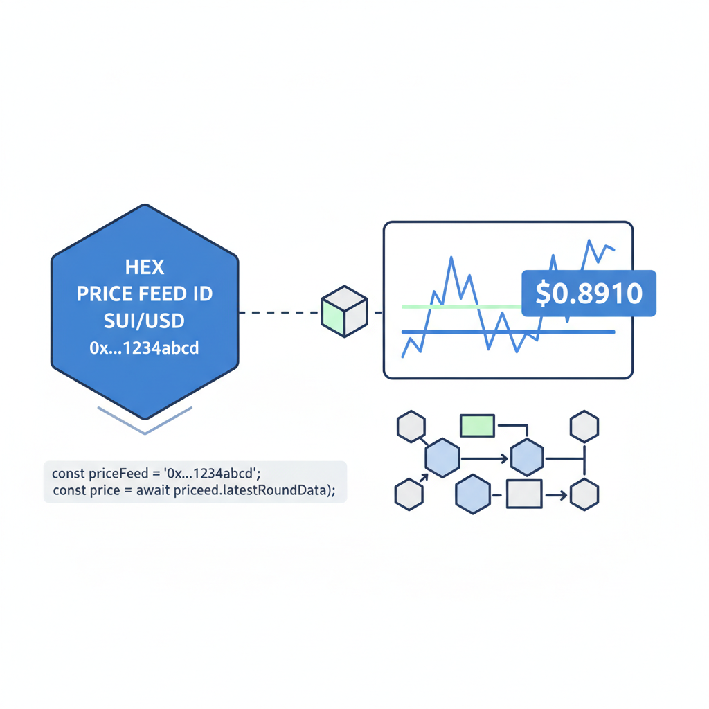Hex price feed ID for SUI/USD in code, price chart showing $0.8910, blockchain network visualization