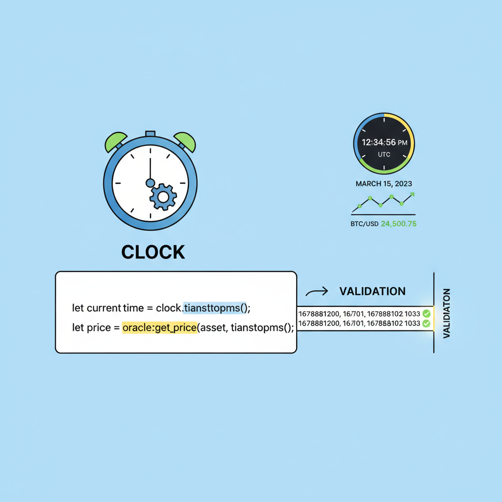 Clock object and get_price call in Sui Move code, timestamp validation animation, real-time ticker