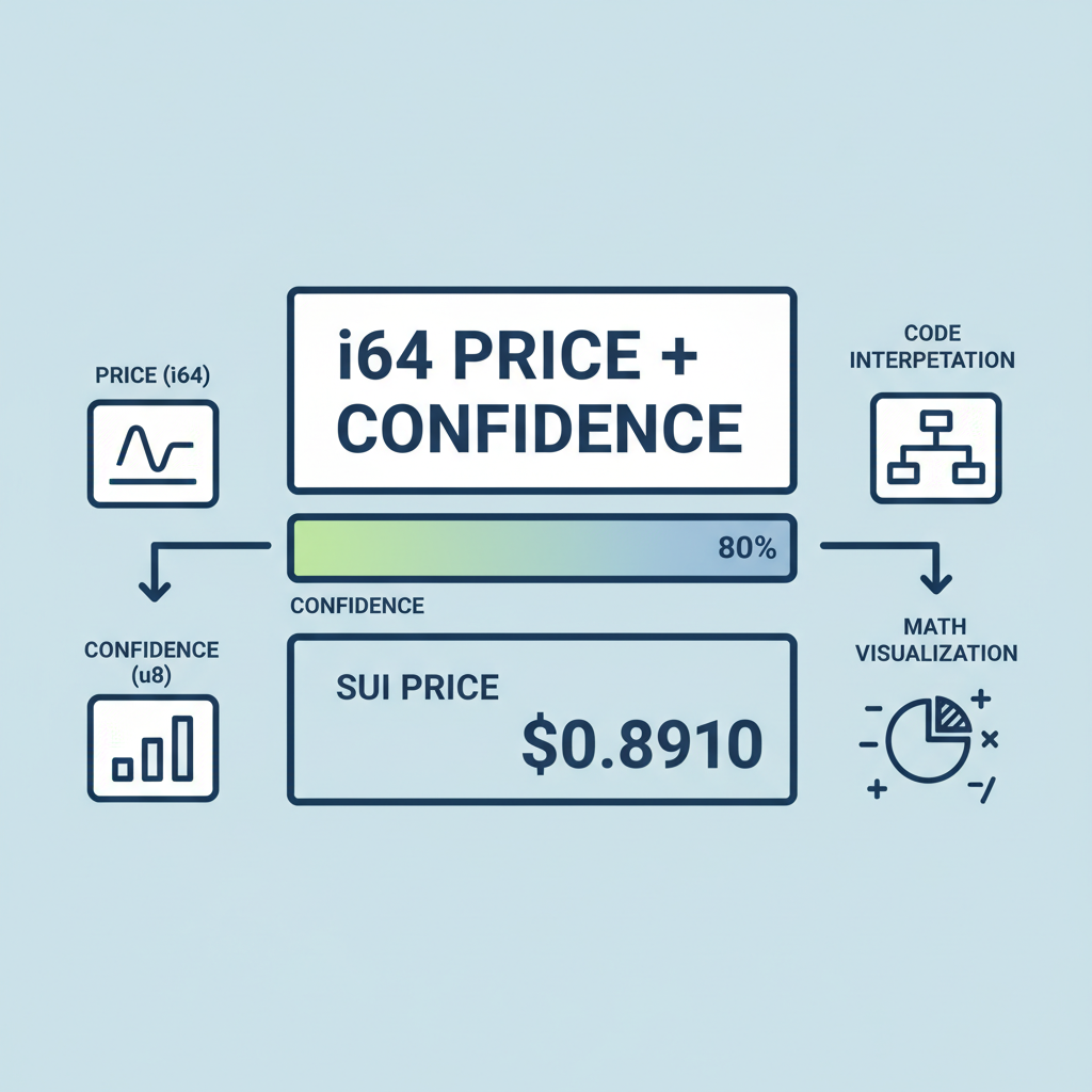 Unpacking i64 price and confidence in code, SUI price $0.8910 displayed with conf bar, math visualization
