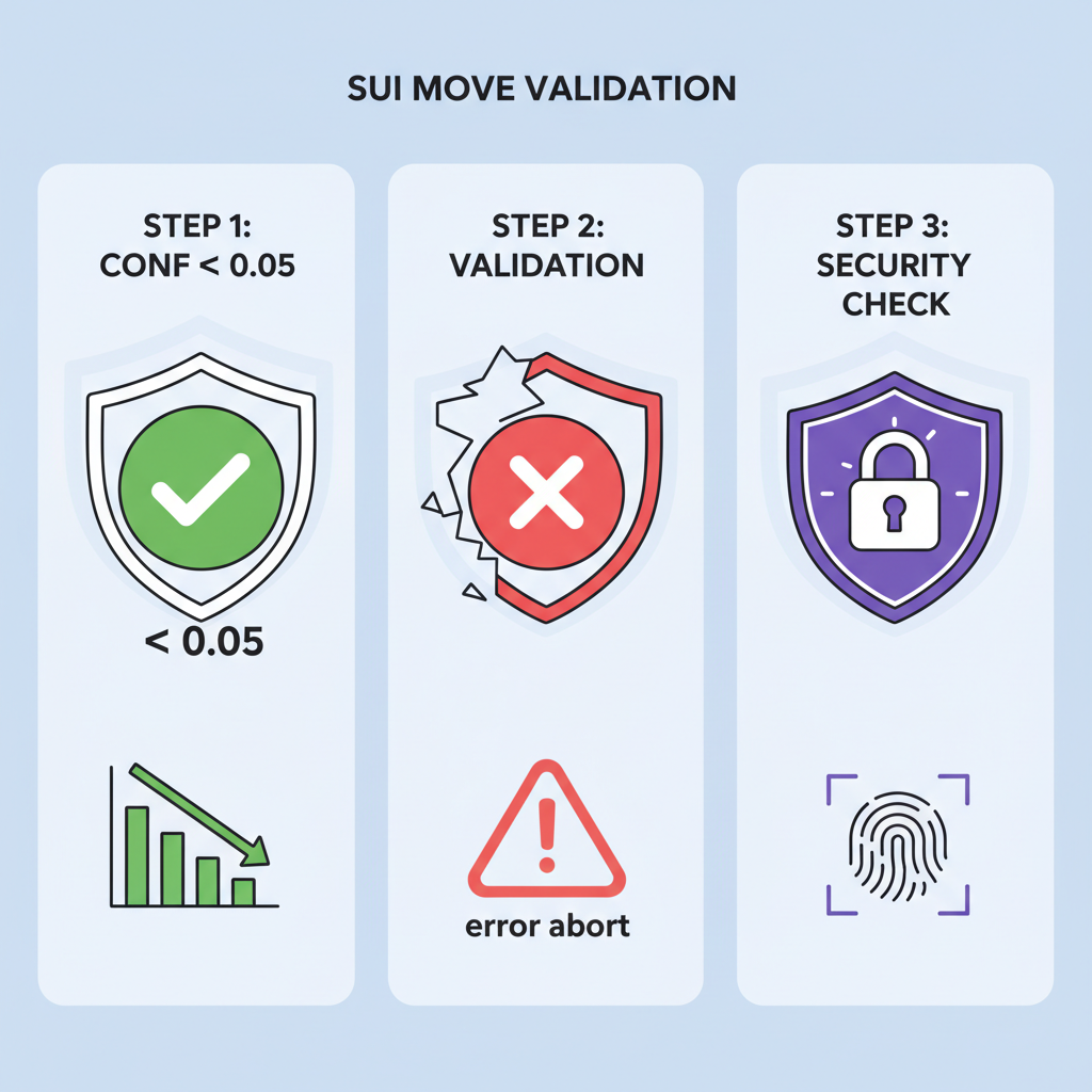 Validation checks in Sui Move with green pass for conf <0.05, error abort icons, shield security theme