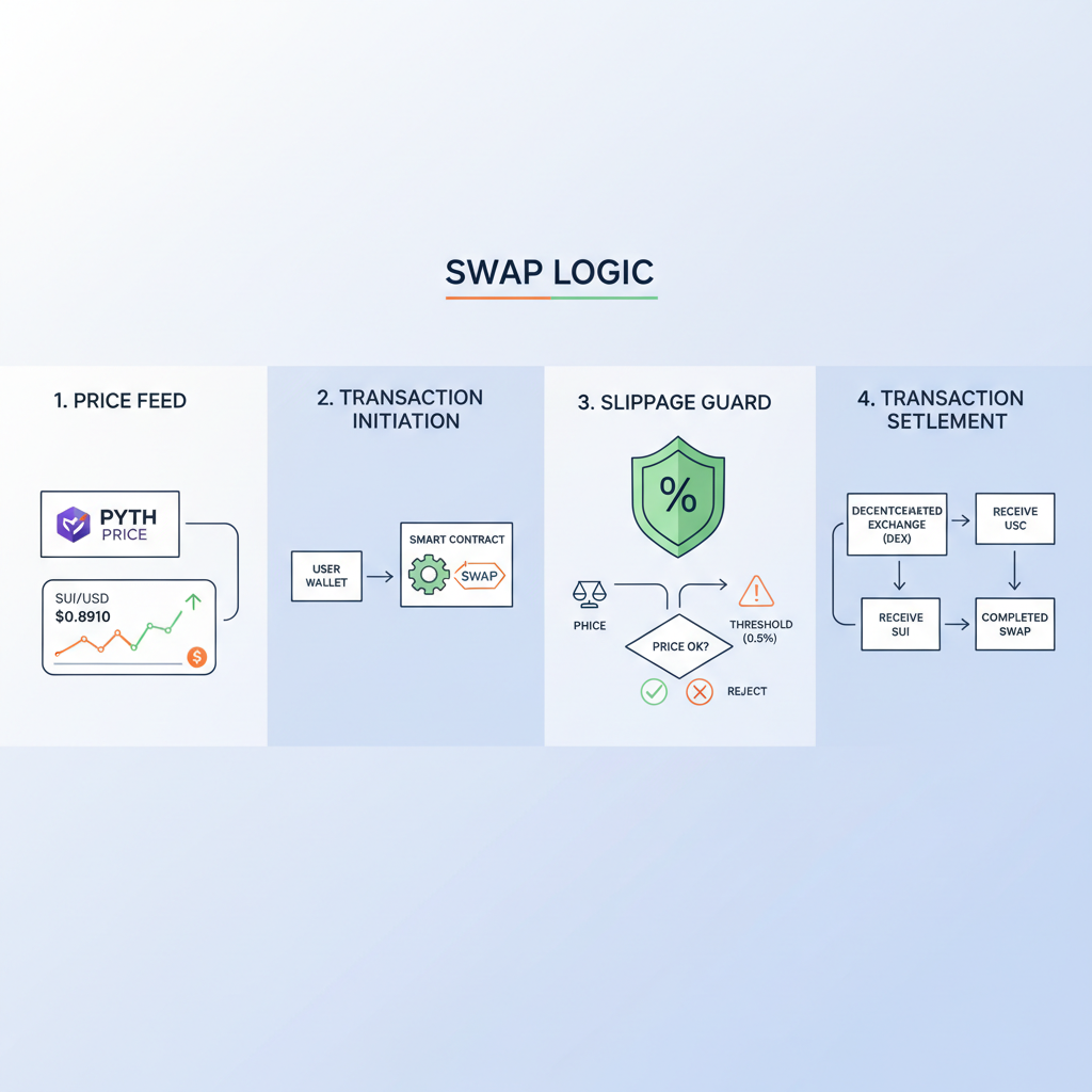 Swap logic code integrating Pyth price, SUI/USD $0.8910 chart, transaction flow with slippage guard