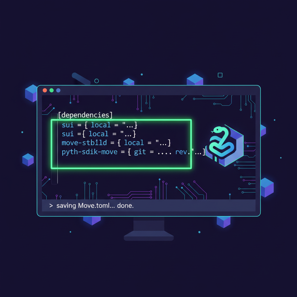 Sui Move.toml config file editing screen with Pyth dependency highlighted in neon green, cyberpunk blockchain theme