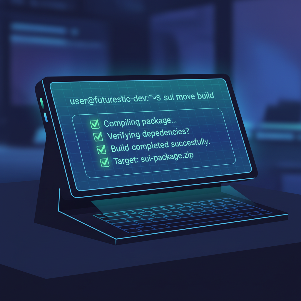 Command line terminal running sui move build command successfully, green checkmarks, futuristic console glow
