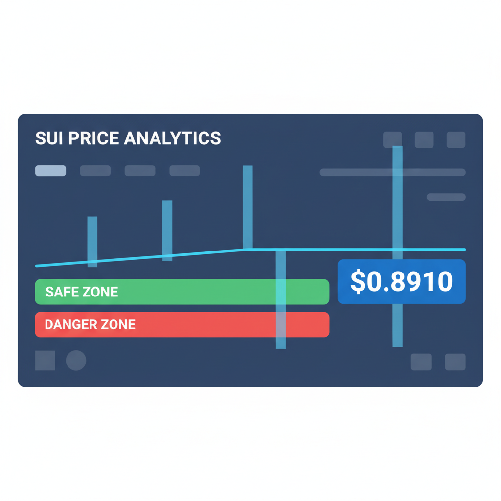 Graph of SUI price $0.8910 with confidence interval bars, green safe zone, red danger, dashboard style