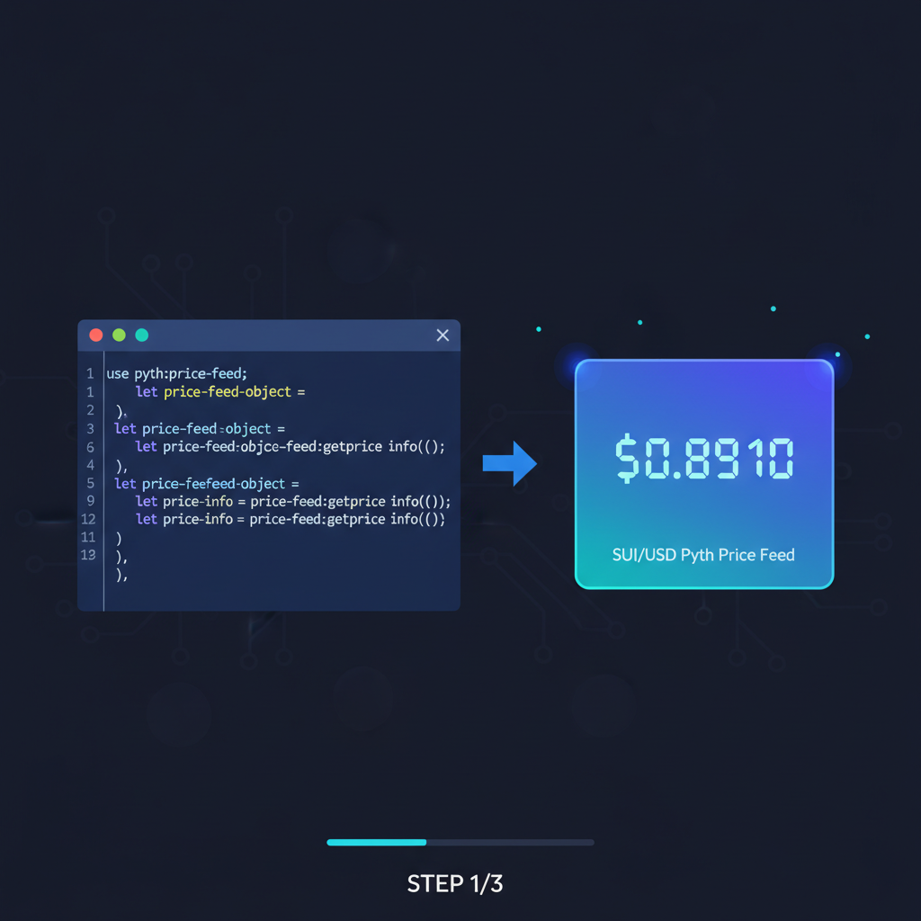 Sui Move code snippet fetching Pyth price feed, holographic price display showing $0.8910, dark mode editor