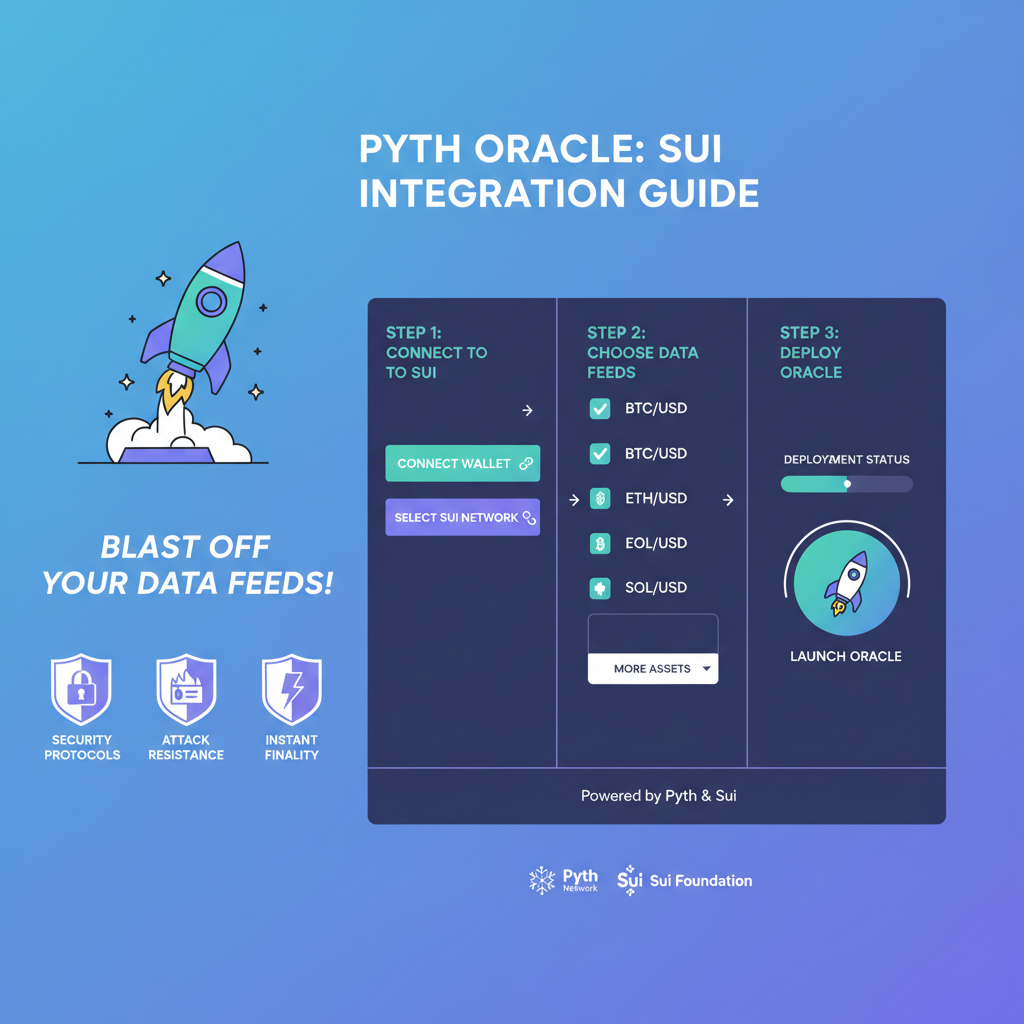 Pyth oracle dashboard with Sui integration tips, shields against attacks, motivational rocket launch