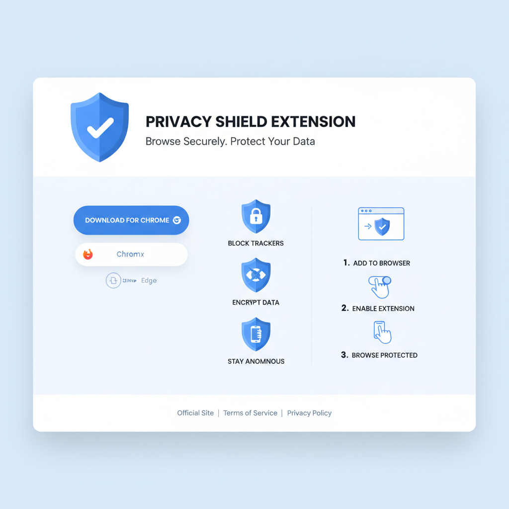 clean browser extension download page on official site, privacy shield icons, modern UI