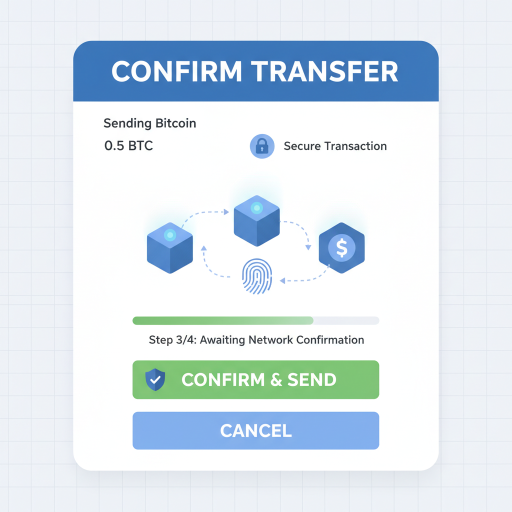 secure wallet withdrawal confirmation screen, blockchain transfer animation