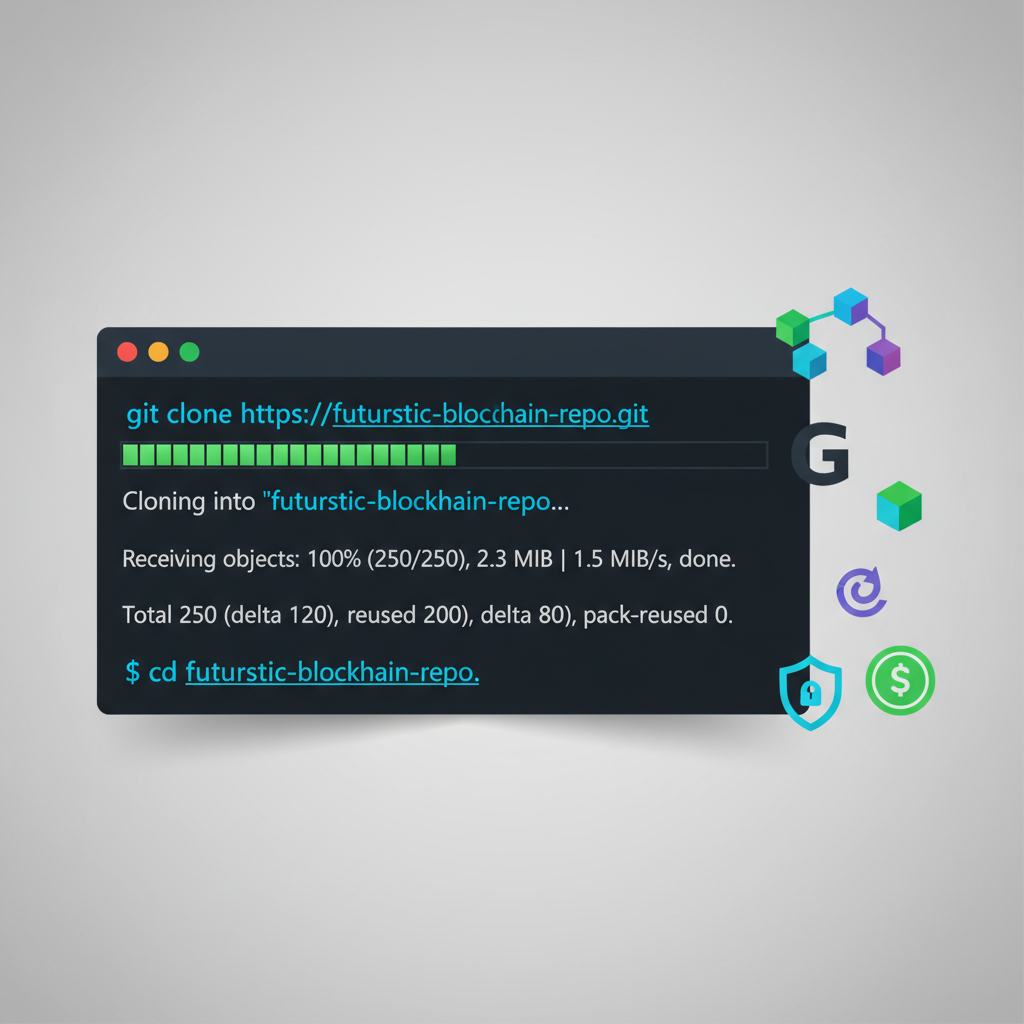 Git clone command in terminal outputting repo files, futuristic blockchain icons