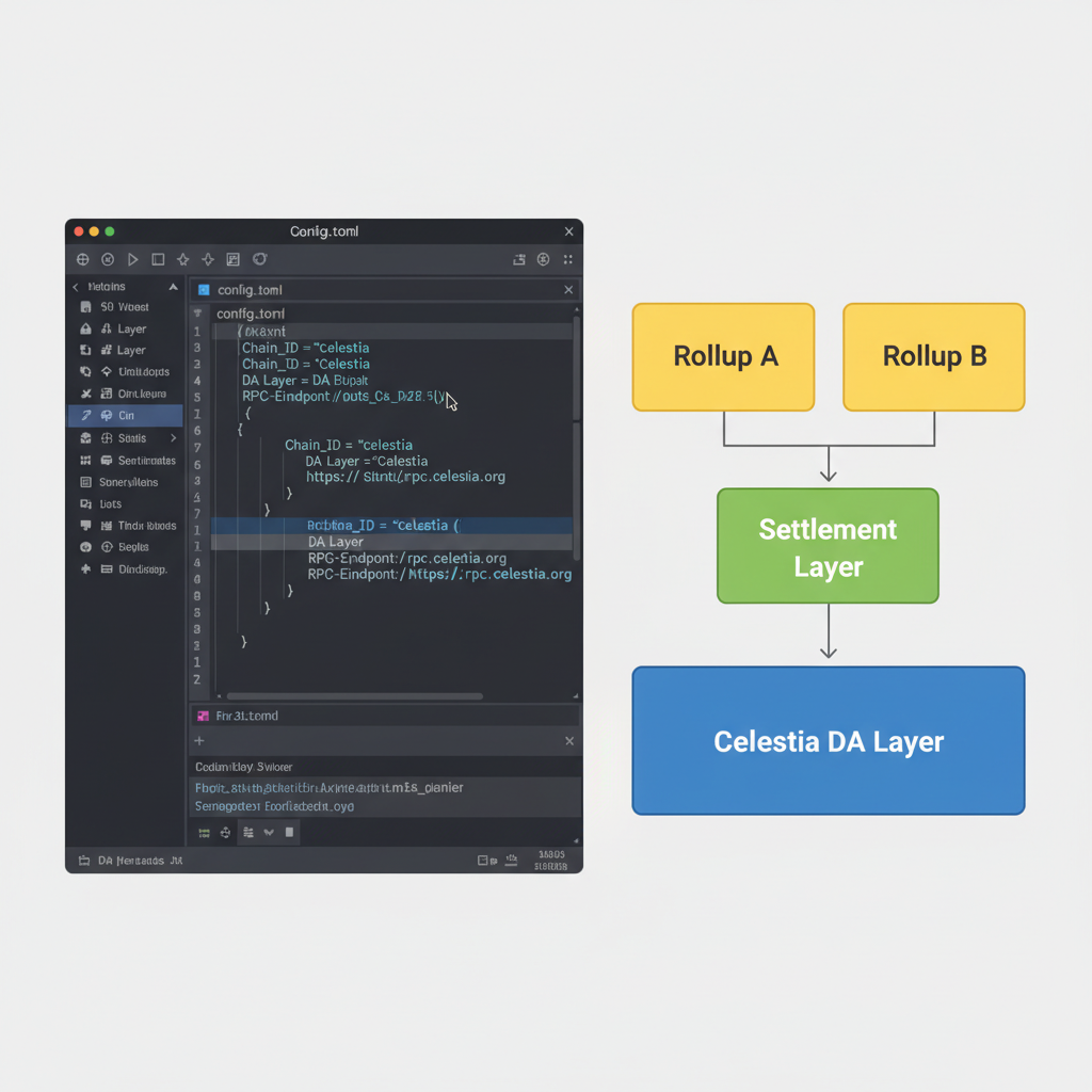 Editing TOML config file in VS Code, Celestia DA layer diagram beside