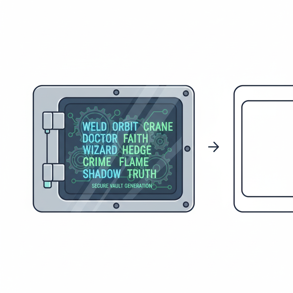 Terminal generating crypto keys mnemonic phrase glowing secure vault style