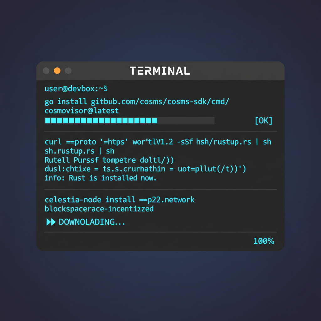 Developer terminal installing Go Rust Celestia tools, dark mode code glowing neon blue