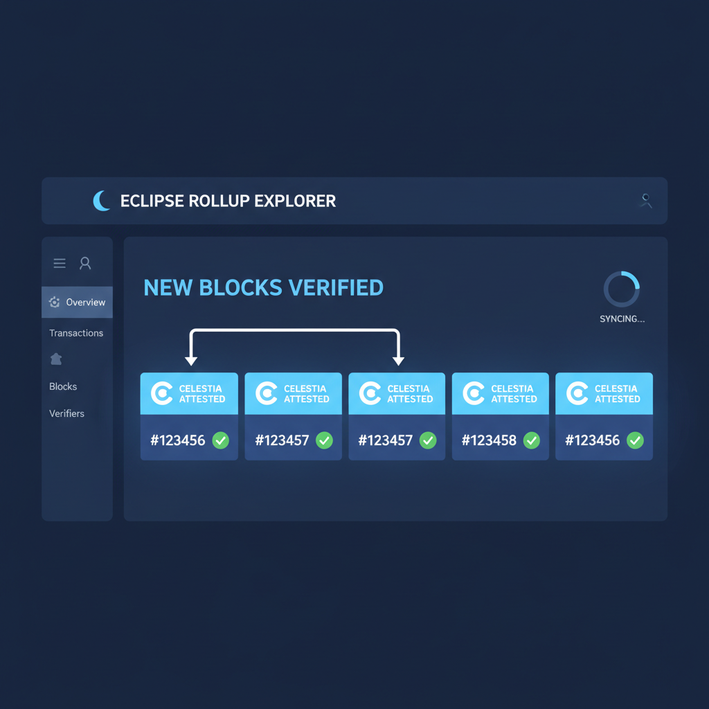 Blockchain explorer dashboard showing new Eclipse rollup blocks Celestia verified
