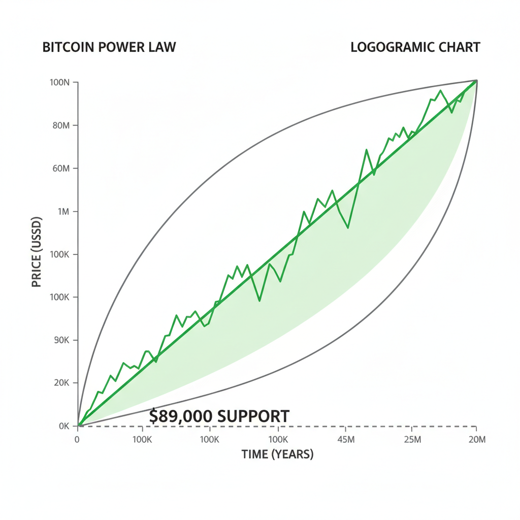 Bitcoin power law logarithmic chart holding firm at $89K support, green bullish trend line, clean professional graph