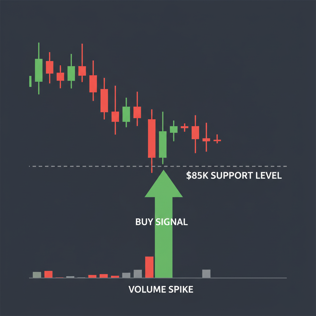 Bitcoin price chart dipping to $85K support level, buy signal arrow, green volume spike, candlestick style