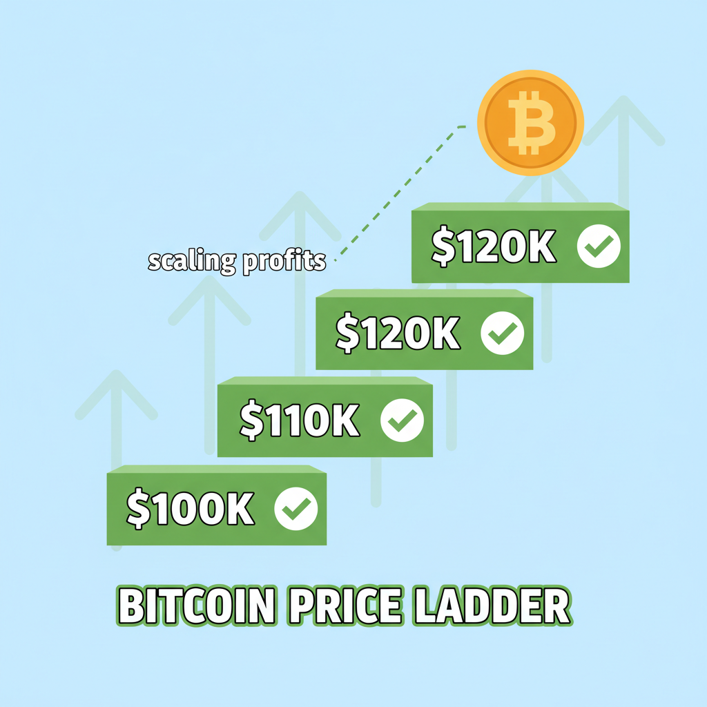 Bitcoin price ladder scaling profits at $100K $110K $120K levels, profit take icons, ascending green steps