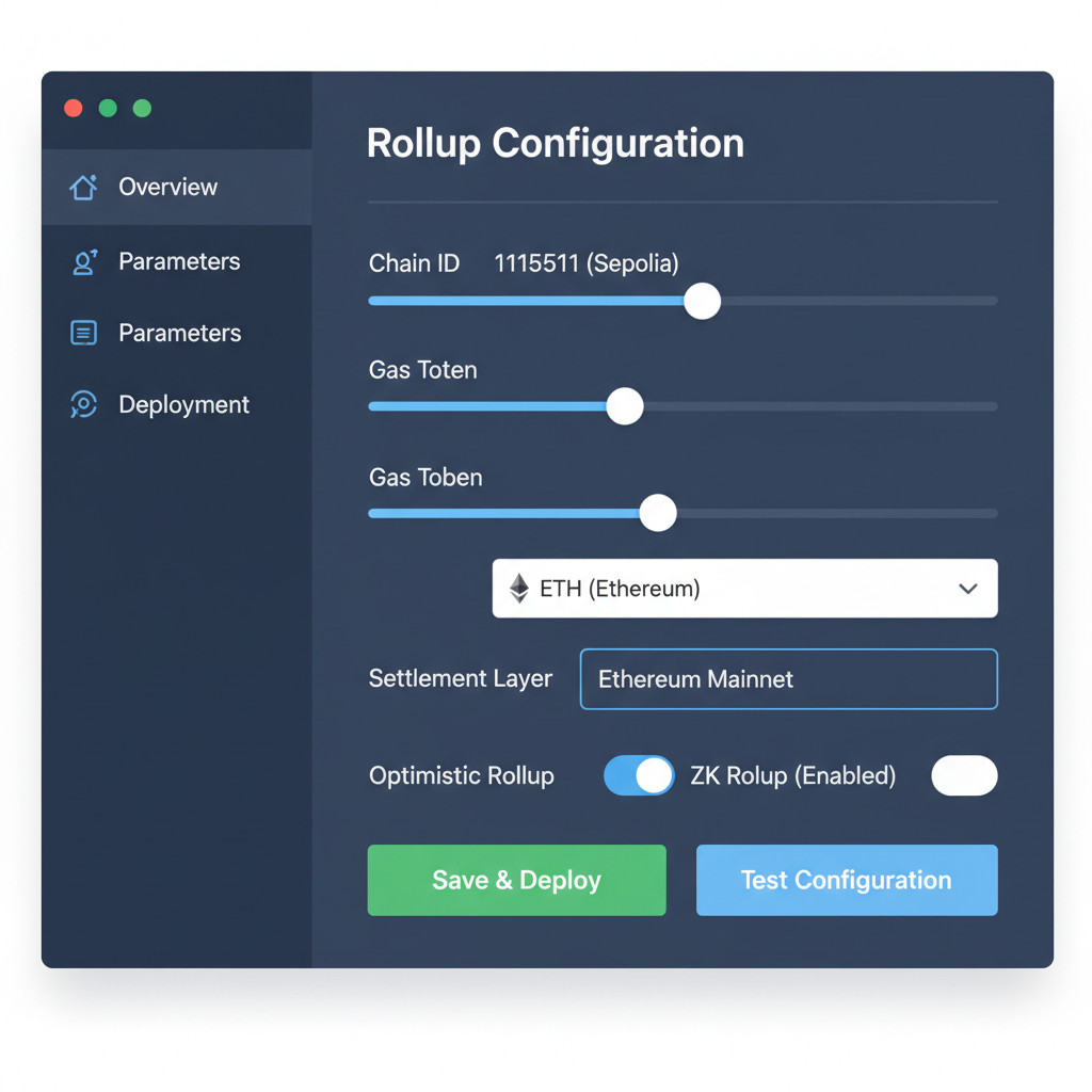 configuring blockchain rollup parameters dashboard sliders chain ID gas token Ethereum settlement clean tech UI