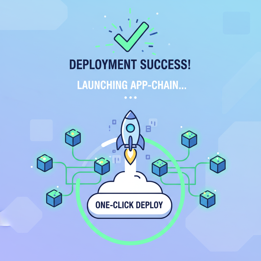 one-click deploy button launching rollup app-chain success animation blockchain nodes connecting