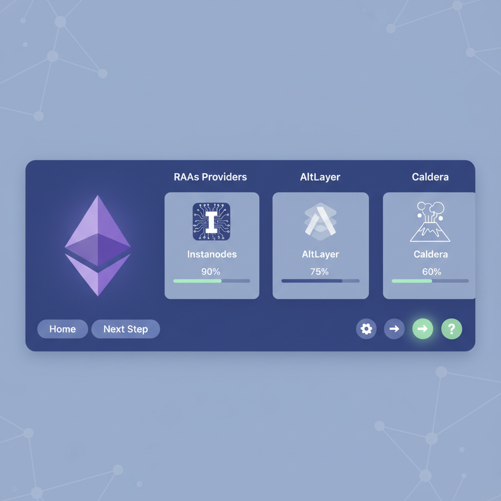 sleek dashboard comparing RaaS providers Instanodes AltLayer Caldera icons Ethereum logo futuristic UI