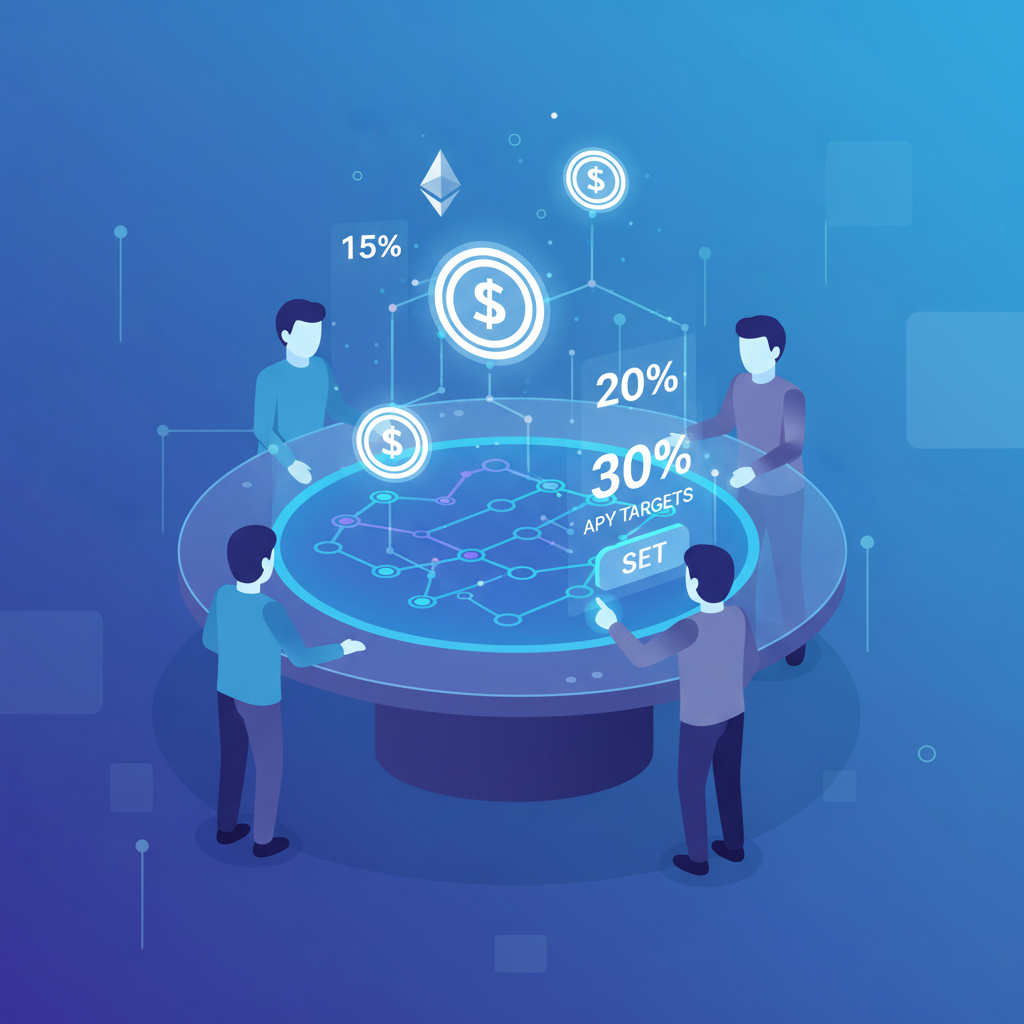 DAO members at holographic table setting APY targets with USDC logos and Ethereum chains glowing